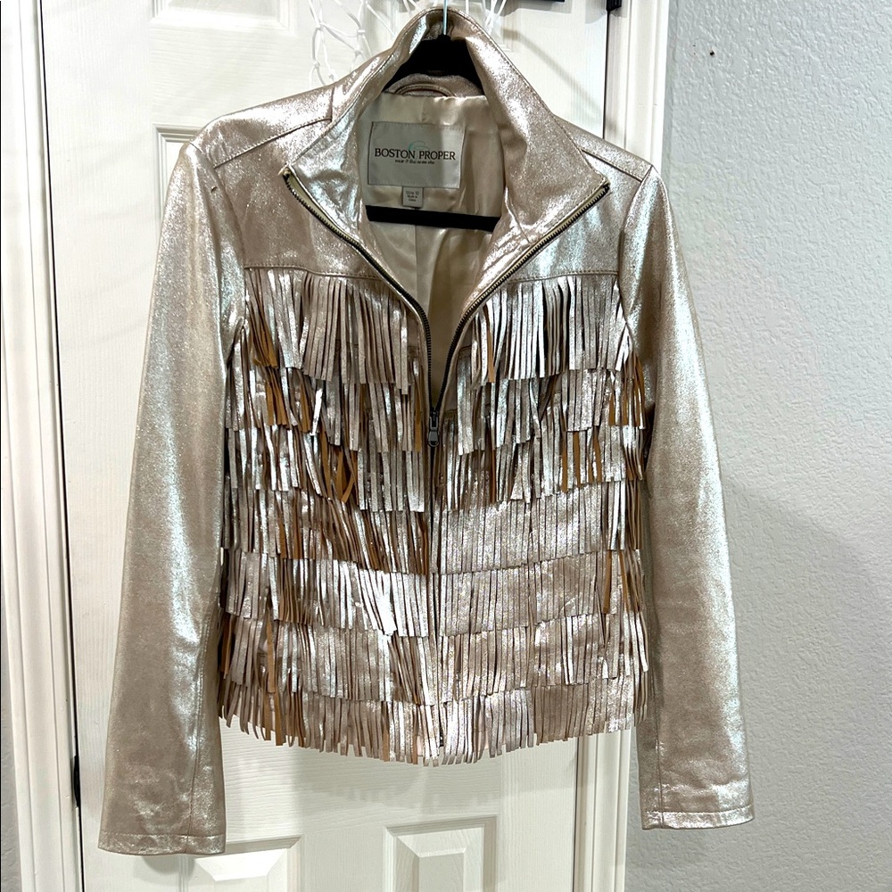 Boston Proper metallic soft sandy gold fringe zip up leather bomber.  Size 12